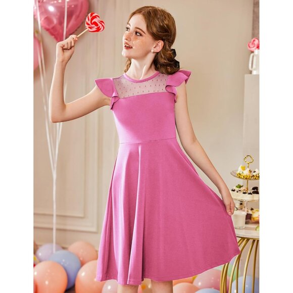 🆕Girls Hot Pink Polyester Summer Dress Ruffle Sleeve Mesh A-Line Casual Party - Picture 4 of 7
